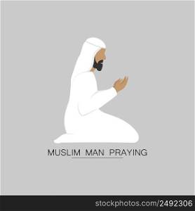 Muslim man in white clothes prays with arms raised.