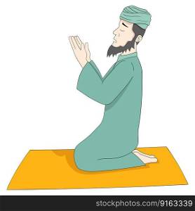muslim man is sitting praying to god asking for wealth. vector design illustration art