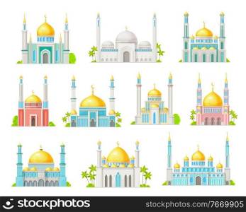 Muslim mosque building cartoon icons of vector Islam religion architecture. Arab mosque or masjid isolated symbols, Islamic houses with gold domes, crescents and minarets, arched doorways and windows. Muslim mosque building icons of Islam religion