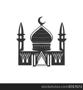 Muslim mosque isolated islam religion symbol. Vector temple with dome and crescent moon. Islam mosque with dome and crescent moon isolated