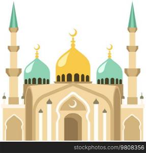 Muslim mosque isolated on white background. Temple vector classic cathedral illustration. Religious building in style of ancient architecture, traditional prayer house, dome with moon on roof. Muslim mosque isolated on white background. Cartoon vector classic cathedral illustration
