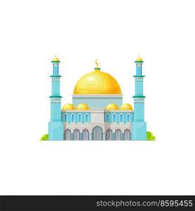 Muslim mosque vector building with gold dome, Islam religion architecture. Cartoon islamic mosque or masjid with minaret towers and gold crescents, house of prayer, Muslim worship place. Muslim mosque building, Islam religion