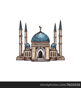 Muslim mosque with minarets and domes isolated holy building. Vector place of worship topped by crescent moon. Mosque topped by crescent moon and stars isolated