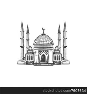 Muslim mosque with minarets and domes isolated holy building. Vector place of worship topped by crescent moon. Mosque topped by crescent moon and stars isolated