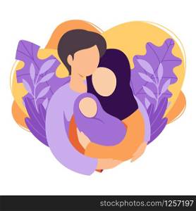 Muslim mother and father holding their newborn baby. Islamic couple of husband and wife become parents. Man embracing woman with child. Maternity, fatherhood, parenting. Flat vector illustration.