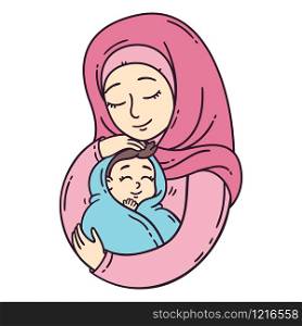 Muslim mother holding baby. The best mom. A pretty mother holds cute baby. Vector illustration isolated on white background.