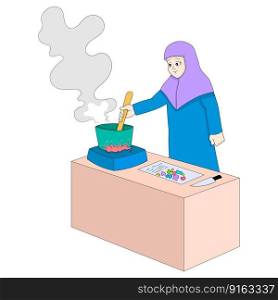 Muslim mothers are cooking for iftar dishes. vector design illustration art