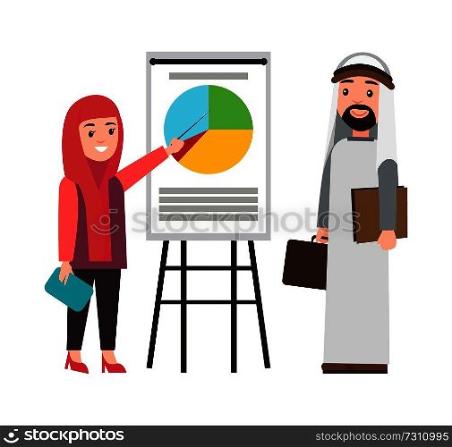 Muslim people and presentation man and woman with documents and pointer showing diagram on whiteboard vector illustration isolated on white background. Muslim People and Presentation Vector Illustration