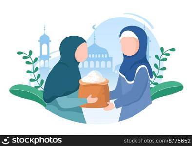 Muslim People Giving Alms, Zakat or Infaq Donation to a Person Who Need it in Flat Cartoon Poster Hand Drawn Templates Illustration