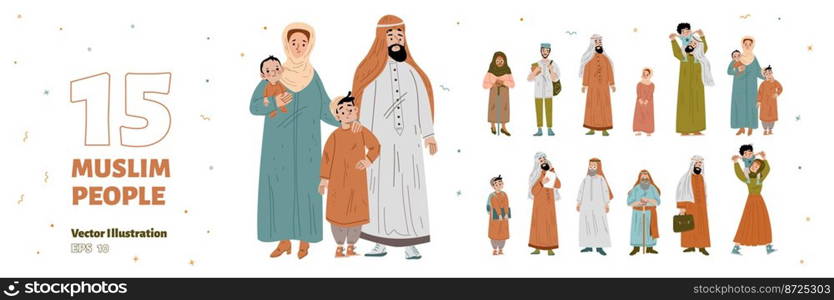Muslim people set, family characters of different generation. Arab men in keffiyeh, women and girls in hijab, kids, student and old persons, vector hand drawn illustration. Muslim people set, arab men, women and kids