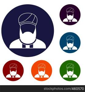 Muslim preacher icons set in flat circle reb, blue and green color for web. Muslim preacher icons set