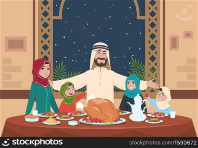 Muslim ramadan dinner. Saudi family with kids eating home. Ramadan cartoon vector illustration. Muslim holiday ramadan, dinner family. Muslim ramadan dinner. Saudi family with kids eating home. Ramadan cartoon vector illustration