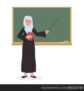 Muslim teacher, professor standing in front of blackboard teaching student in classroom at school.flat vector cartoon illustration.
