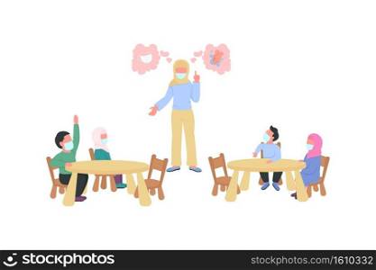 Muslim teacher with children in medical mask flat color vector faceless characters. Tutor teach kids to wash hands. New normal isolated cartoon illustration for web graphic design and animation. Muslim teacher with children in medical mask flat color vector faceless characters