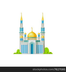 Muslim temple with domes and crescent moons on top isolated islam religion building. Vector minaret landmark, golden domes and facade in white and blue. Arabic architecture, sultan house, place of pray. Mosque with golden dome and crescent moon isolated