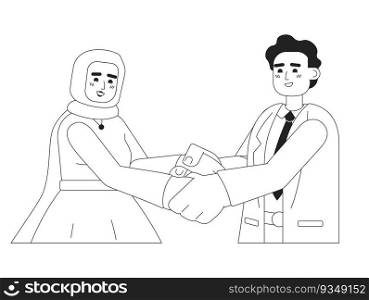 Muslim wedding couple holding hands monochromatic flat vector characters. Bridal hijab woman, bridegroom. Editable line half body people on white. Simple bw cartoon spot image for web graphic design. Muslim wedding couple holding hands monochromatic flat vector characters
