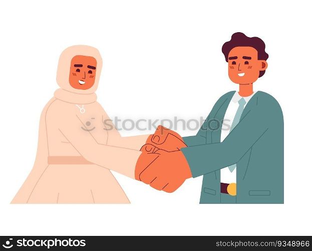 Muslim wedding couple holding hands semi flat colorful vector characters. Bridal hijab woman and bridegroom. Editable half body people on white. Simple cartoon spot illustration for web graphic design. Muslim wedding couple holding hands semi flat colorful vector characters
