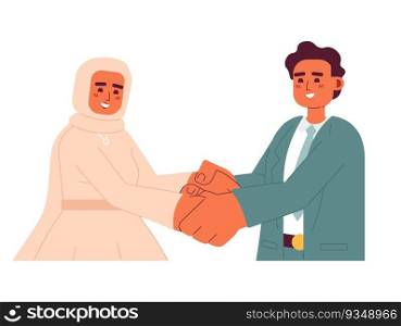 Muslim wedding couple holding hands semi flat colorful vector characters. Bridal hijab woman and bridegroom. Editable half body people on white. Simple cartoon spot illustration for web graphic design. Muslim wedding couple holding hands semi flat colorful vector characters