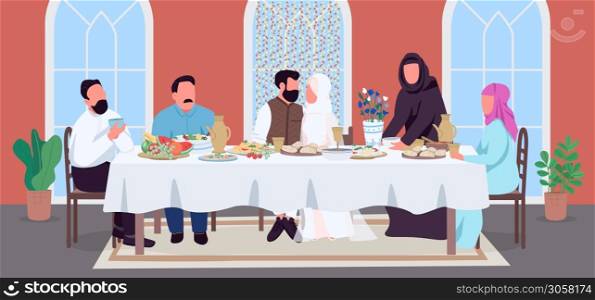 Muslim wedding flat color vector illustration. Groom and bride at festive table. Celebrate with indian relatives with meal. Marriage 2D cartoon characters with home interior on background. Muslim wedding flat color vector illustration