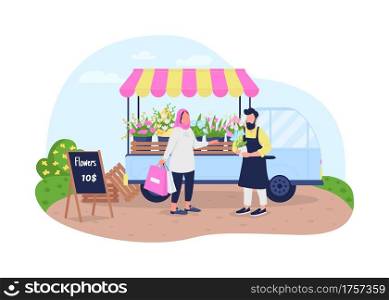 Muslim woman buying flowers from floral van 2D vector web banner, poster. Small business owner with customer flat characters on cartoon background. Spring printable patch, colorful web element. Muslim woman buying flowers from floral van 2D vector web banner, poster