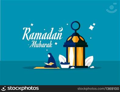 Muslim woman doing reading al quran , Ramadan holy month, vector illustration