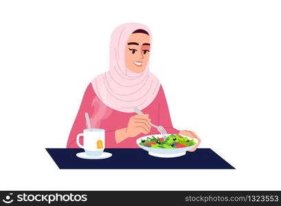 Muslim woman eating salad with tea semi flat RGB color vector illustration. Vegetarian nutrition, vitamin diet. Arab lady enjoying healthy food isolated cartoon character on white background