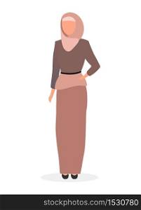 Muslim woman flat vector illustration. Islamic elegant lady in hijab cartoon character isolated on white background. Saudi confident girl wearing abaya. Arabian fashion model lookbook