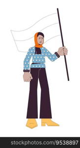 Muslim woman holding flag flat line color vector character. Demonstration. Unhappy girl. Editable outline full body person on white. Protest simple cartoon spot illustration for web graphic design. Muslim woman holding flag flat line color vector character