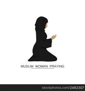Muslim woman in black clothes prays with arms raised.