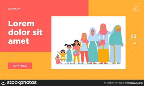 Muslim woman in different age. Adult, child, grandma flat vector illustration. Growth cycle and generation concept for banner, website design or landing web page