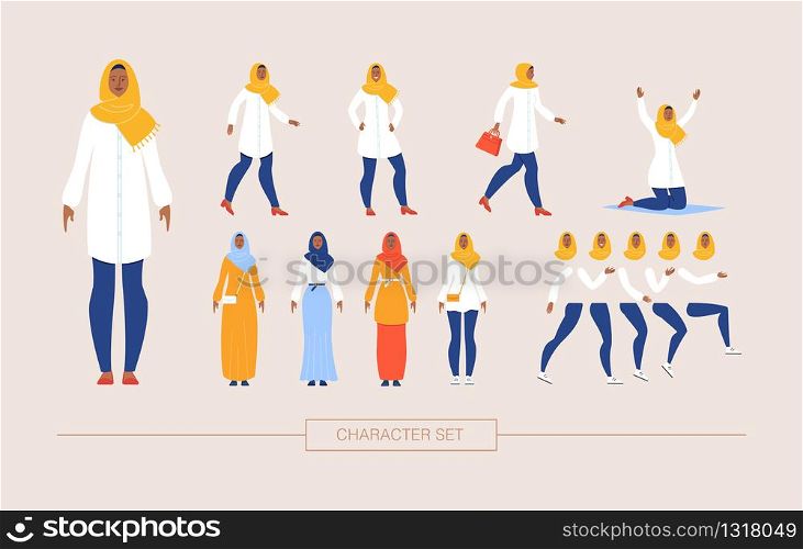 Muslim Woman in Traditional Hijab Character Constructor Isolated, Trendy Flat Design Elements Set. Religious Arab Lady in Various Poses, Body Parts, Emotion Expressions, National Wear Illustrations