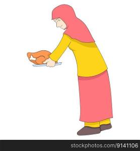 muslim woman is carrying delicious grilled chicken food iftar menu. vector design illustration art