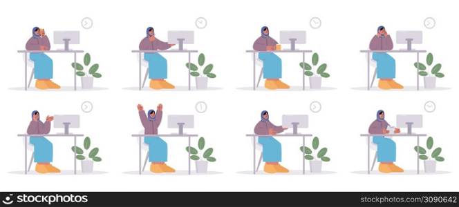 Muslim woman office worker different emotions and activities. Female manager wear scarf on head sit at desk with Pc speaking by phone, thinking, rejoice, drink coffee, Line art vector illustration. Muslim woman office worker different activities
