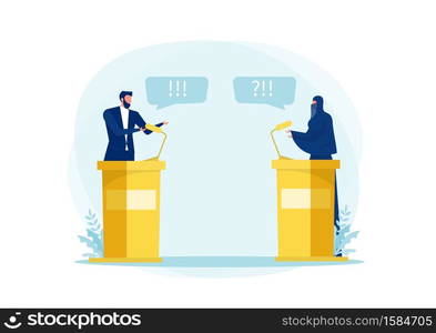 muslim woman Speak Politician Debate ,Conference or Interview about wear her hijab with man politics concept illustrator