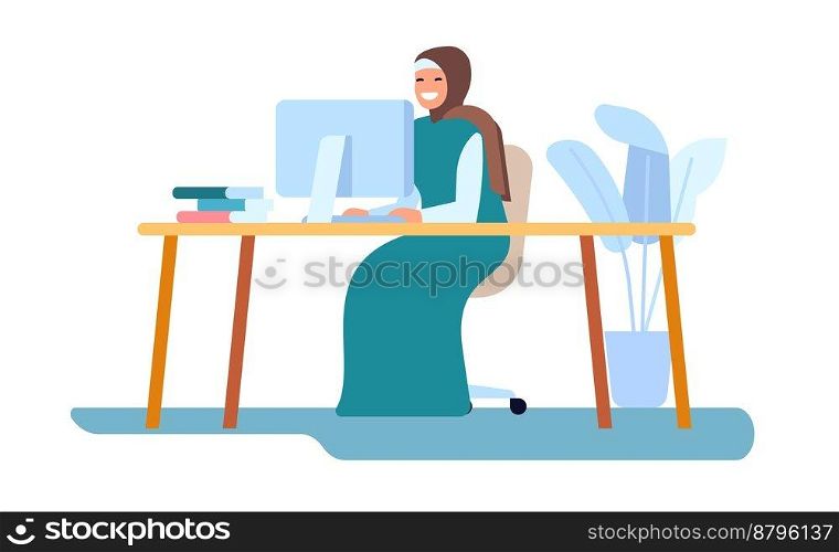 Muslim woman working at computer. Office worker in hijab. Islamic employee sitting at table with laptop. Arabian manager professional career. Happy female in traditional Islam clothing. Vector concept. Muslim woman working at computer. Office worker in hijab. Islamic employee sitting at table. Arabian manager professional career. Female in traditional Islam clothing. Vector concept