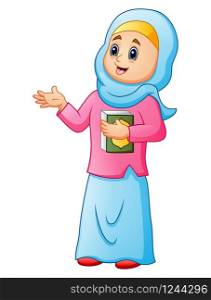 Muslim women wearing blue veil with holding quran presenting