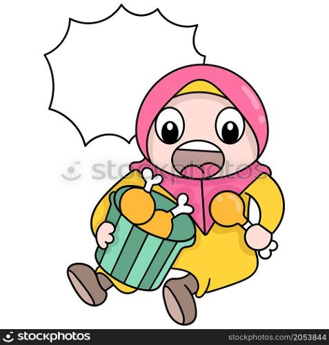 muslim women wearing hijab greedily eat fried chicken thighs