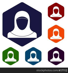 Muslim women wearing hijab icons set rhombus in different colors isolated on white background. Muslim women wearing hijab icons set