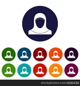 Muslim women wearing hijab set icons in different colors isolated on white background. Muslim women wearing hijab set icons