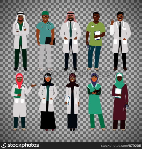 Muslims healthcare staff. Standing arab muslim physician doctor and arabian nurse vector isolated on transparent background. Muslims healthcare staff on transparent background