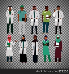 Muslims healthcare staff. Standing arab muslim physician doctor and arabian nurse vector isolated on transparent background. Muslims healthcare staff on transparent background