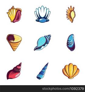 Mussel icons set. Cartoon set of 9 mussel vector icons for web isolated on white background. Mussel icons set, cartoon style