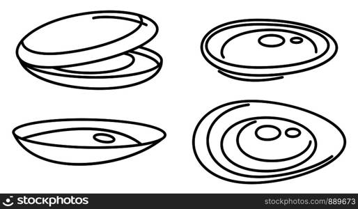 Mussels food icons set. Outline set of mussels food vector icons for web design isolated on white background. Mussels food icons set, outline style