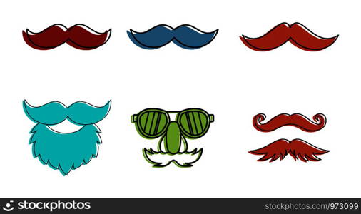 Mustache icon set. Color outline set of mustache vector icons for web design isolated on white background. Mustache icon set, color outline style