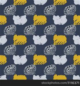 Mustard and grey on blue color trendy seamless pattern with hand drawn texture ethnic background. Design for wrapping paper, wallpaper, fabric print, backdrop. Vector illustration.. Mustard and grey on blue color trendy seamless pattern with hand drawn texture ethnic background.