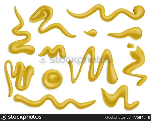 Mustard drops, food condiment spills and splashes realistic design. Vector stains, smears and spatters of French, Dijon or Bavarian yellow mustard sauce. Mustard drops, spills and splashes. Food
