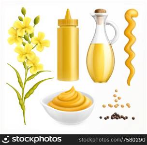 Mustard realistic set with colourful images of packaging with seeds and flower plants on blank background vector illustration