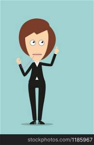 Mute business woman sewed up mouth with pink thread and showing attention gesture, for business secret or keep silence concept design. Cartoon flat style. Mute business woman with attention gesture