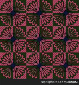 Muted chequered seamless pattern with decorative flowers and lines in blue, pink and green color, vector as a fabric texture
