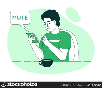 Muting notifications 2D vector isolated linear illustration. Thin line flat character on cartoon background. Colorful editable scene for mobile, website, presentation. Quicksand font used. Muting notifications 2D vector isolated linear illustration